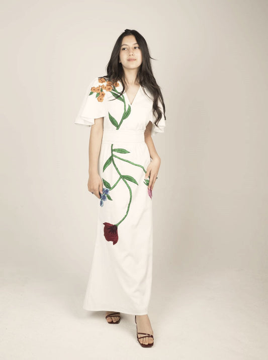 White Long Dress with Hazara Floral Design