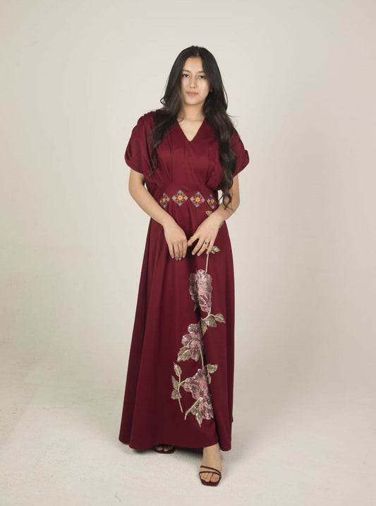 Red Long Dress with Traditional Hazara Design