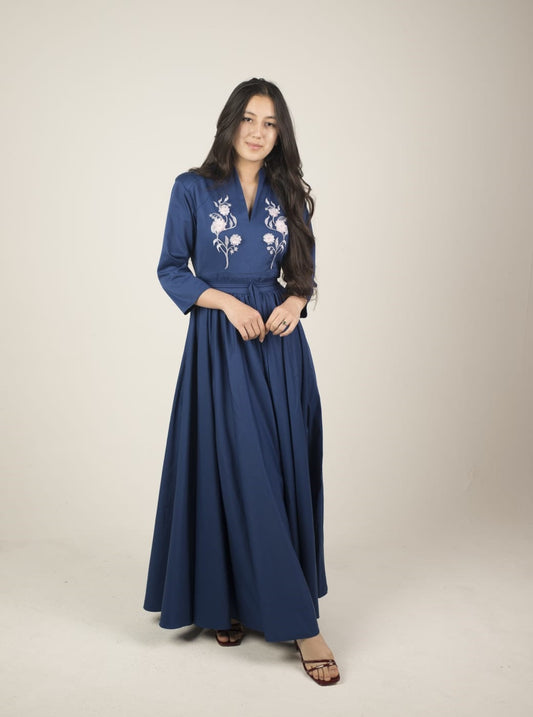 Blue Long Dress with Traditional Hazara Design